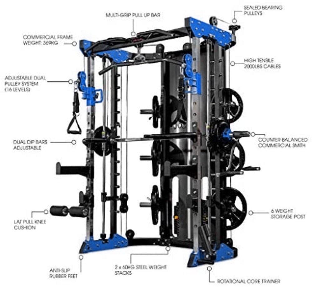 MÁQUINA DE GIMNASIO FRENCH FITNESS FSR60 SMITH, CON CABLE Y SOPORTE PARA SENTADILLAS NEW